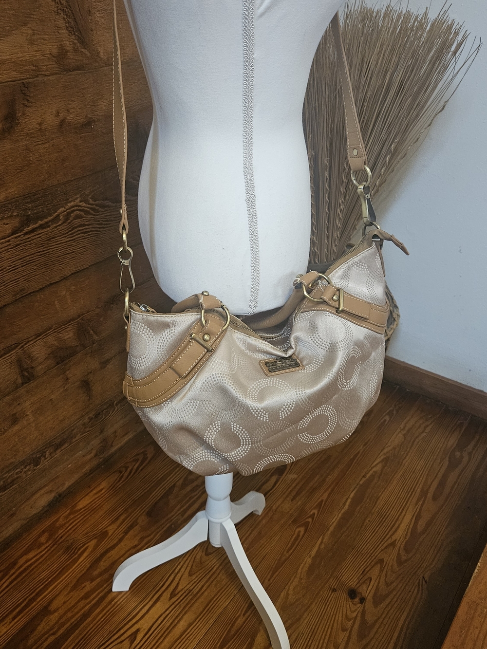 Y2k Coach Signature Jacquard Hobo Bag in Tan/Beige